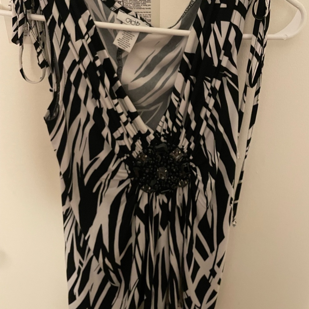 Cache Black and White Graphic Ruched Blouse